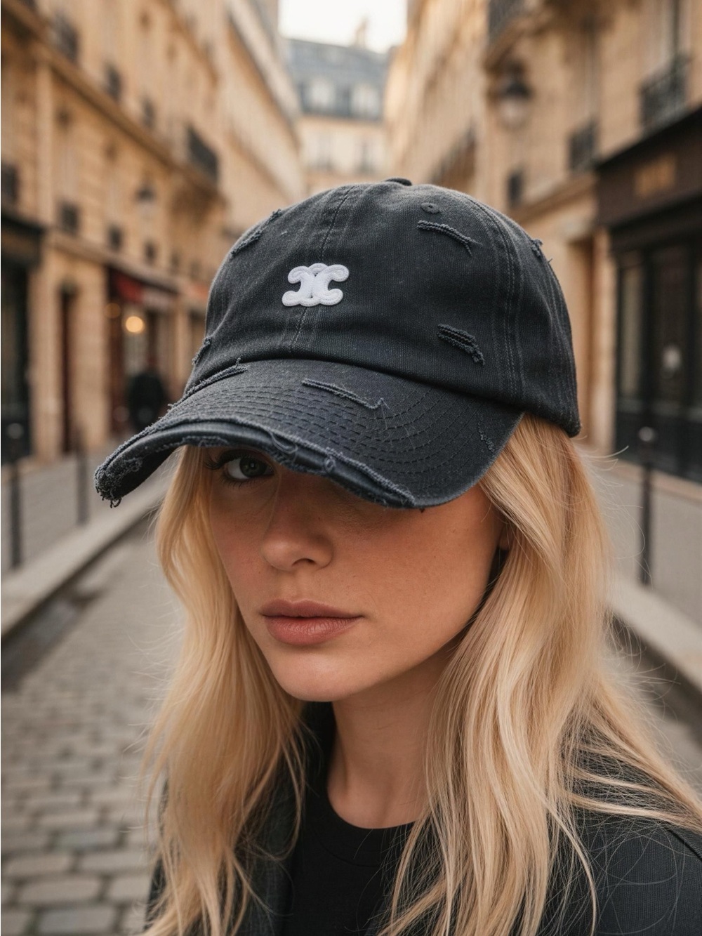 Cotton Cap with a Triomphe patch in white and distressed detailing.🆕